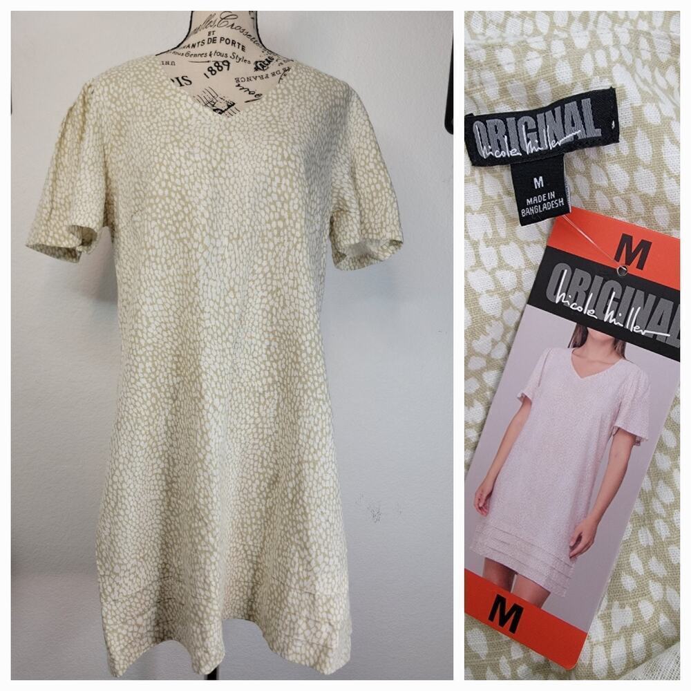 Nicole Miller Original Dress SZ M Linen Puff Short Sleeve Beachy Cottage NEW